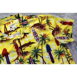 ALEX VANDO Yellow Hawaiian Surfboard Palm Tree Aloha Button Shirt 2XL Easy Care